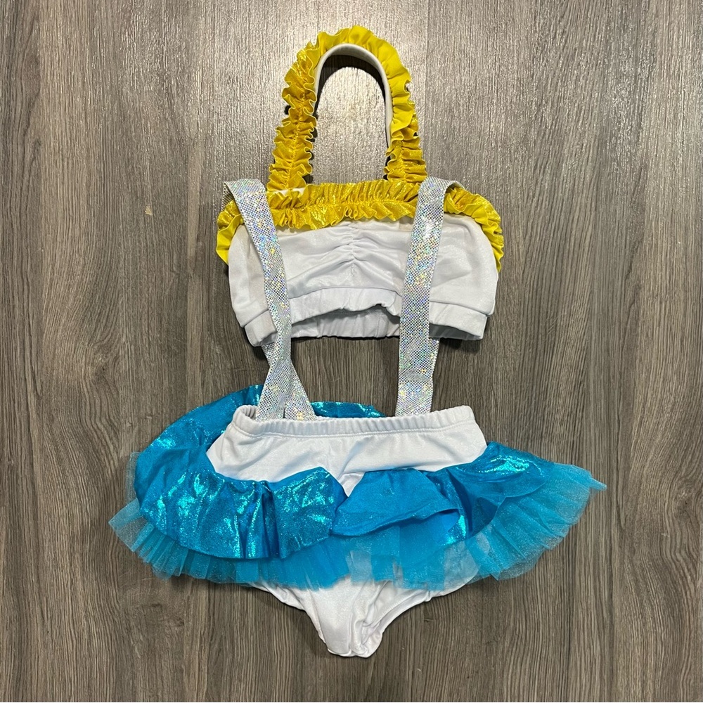 Custom White, Yellow & Blue Ruffle Two Piece Dance Costume